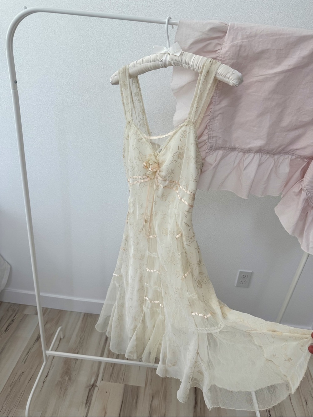 Ivory Floral Midi Dress with Delicate Ribbon Accents